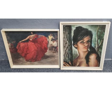 After Trechikoff, portrait of a dark haired woman,coloured print. Together with another coloured print 'The Red Skirt', portr