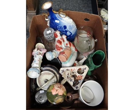 Box of assorted china and glass to include: Royal Doulton blue children vase, Dartmouth Devon fish shape Gluggle jug, Player'