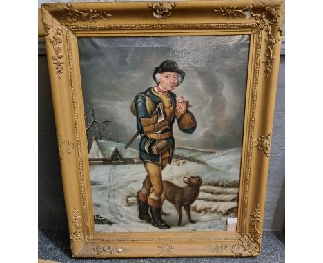 Continental school, portrait of a man with clay pipe and axe, hound at his heel in a winter landscape, oils on canvas. 70 x 5