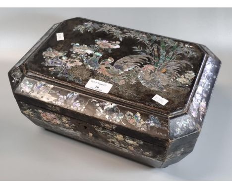 19th century lacquered and mother of pearl inlaid work box with fitted interior having removeable tray.   (B.P. 21% + VAT) 