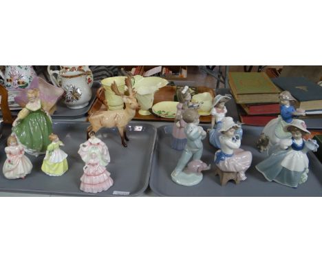 Six Nao Spanish porcelain figurines of young girls together with a tray of Doulton and Coalport figurines and a Beswick Stag.