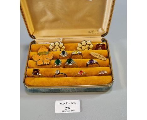 Ring box comprising: assorted dress rings with coloured stones, enamel leaf brooch and enamel pair of earrings. (B.P. 21% + V