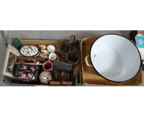 Two boxes of oddments to include: enamel two handled pan, Victorian pottery butter dish and cover, a continental cup and sauc