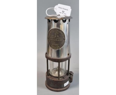 Protector Lamp &amp; Lighting Co. Ltd type 6 Miners' safety lamp.  Appearing unused but tarnished condition.  24.5cm high app