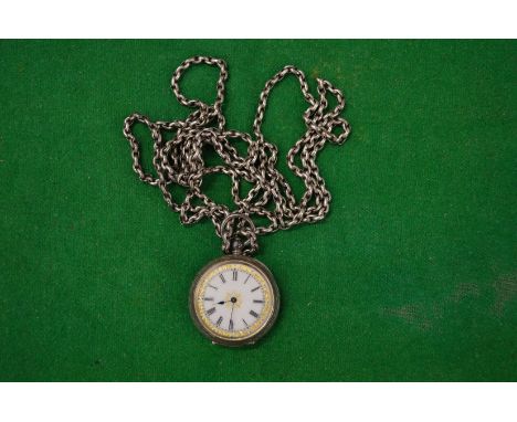 A ladies' silver pocket watch with enamel dial and long curb link chain.