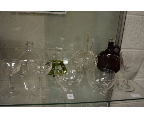 A group of glassware to include a Continental moulded and etched decanter, a wasp trap glass rummer etc.
