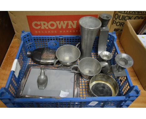 Pewter candelabra, hip flask and other items.