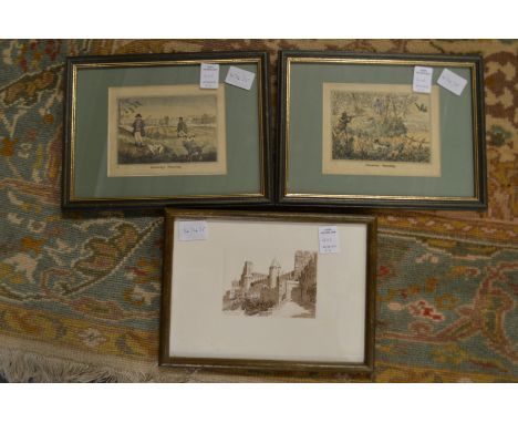 Coastal landscape with ships, watercolour sketch and three prints.