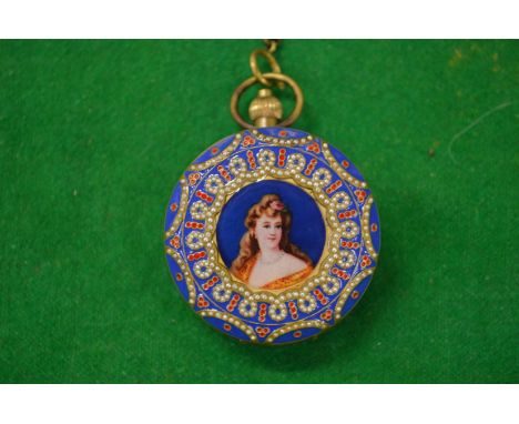 A highly ornate pocket watch with pictorial centre to both sides with enamel and pearl decoration.