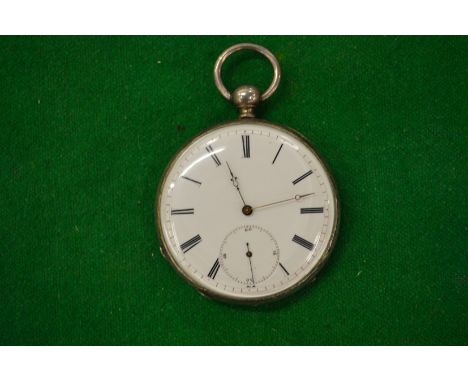 A gentlemen's silver cased pocket watch with engraved decoration to the back.