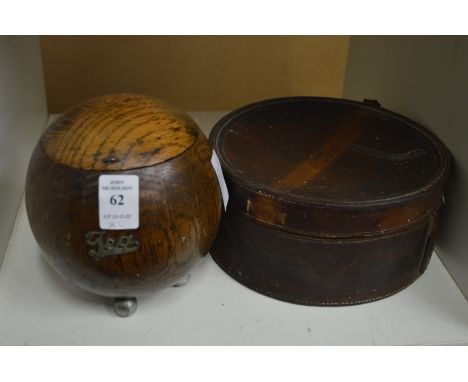 An oak tea caddy and a leather collar box.