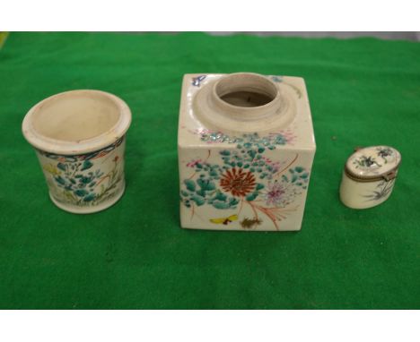 A small satsuma square shaped jar with matching pot and a little snuff box.