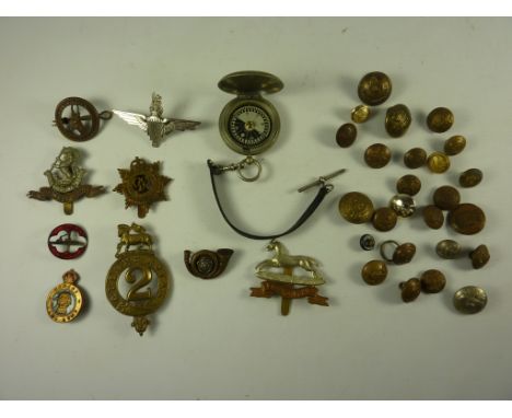 Queen's Royal 2nd Foot Glengarry Badge 1874-1881, other assorted badges, buttons and WWI compass