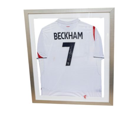 England: A framed and glazed, signed England 2006 home football shirt, signed by David Beckham, with 'Beckham 7' to the rever