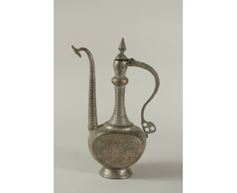 A 19TH CENTURY PERSIAN QAJAR TINNED COPPER EWER, engraved with hunting scenes, 35cm high.