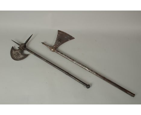 A FINE EARLY 19TH CENTURY INDIAN SILVER INLAID STEEL AXE, with concealed blade within the handle, along with another 18th cen