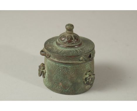 A RARE 12-13TH CENTURY PERSIAN SELJUK KHURASAN BRONZE INKWEL WITH KUFIC CALLIGRAPHY, 7.5cm high.