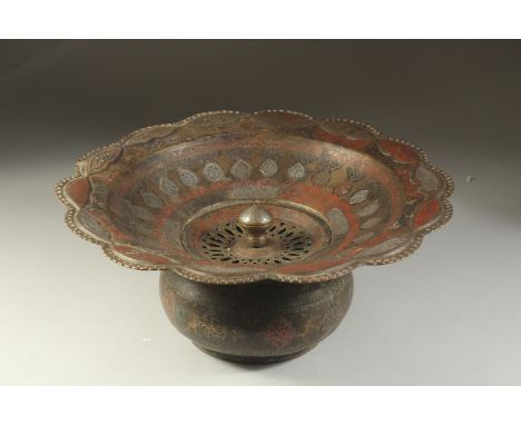 A 19TH CENTURY UZBEKISTAN BUKHARA SILVER INLAID ENAMELLED BRASS BASIN, 37.5cm wide.