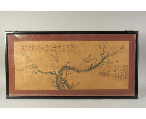 A CHINESE LANDSCAPE PAINTING ON PAPER, depicting birds on a tree, inscribed and with red seal, framed and glazed, 52cm x 100.