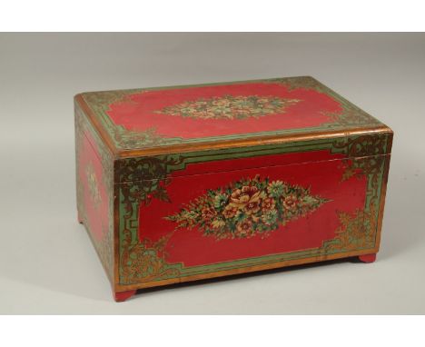 A LARGE 19TH CENTURY QAJAR PAINTED WOOD CASHIER BOX, raised on four bracket feet, 51cm wide, 33cm deep, 28cm high.