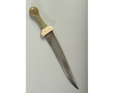 A FINE AND LARGE INDIAN JADE AND BONE HILTED DAGGER, with watered steel blade, 40cm long.