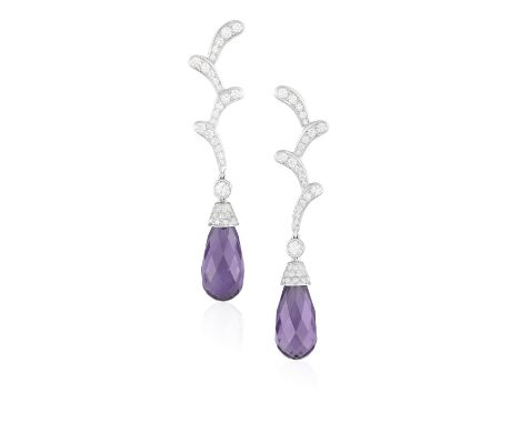 A PAIR OF AMETHYST AND DIAMOND PENDENT EARRINGSEach amethyst briolette drop with brilliant-cut diamond cap and foliate surmou