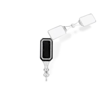 A PAIR OF ART DECO DIAMOND AND ONYX LORGNETTE, CIRCA 1925The cut-cornered rectangular onyx cover panel with an applied rose-c