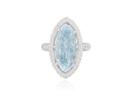 AN AQUAMARINE AND DIAMOND DRESS RINGThe central marquise-shaped aquamarine approximately 7.50cts within a surround pavé-set w