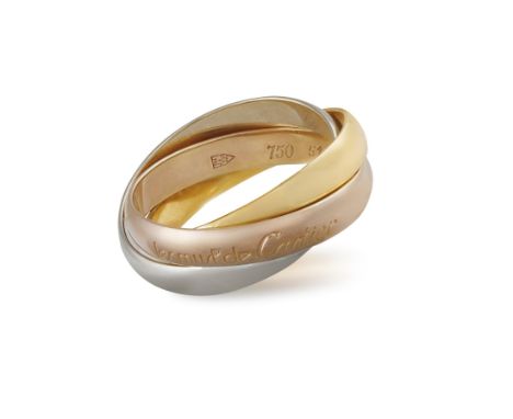 A 'TRINITY' RING, BY CARTIERDesigned as three interlocking tri-coloured bands, in 18K gold, signed 'Les musts de Cartier', ma