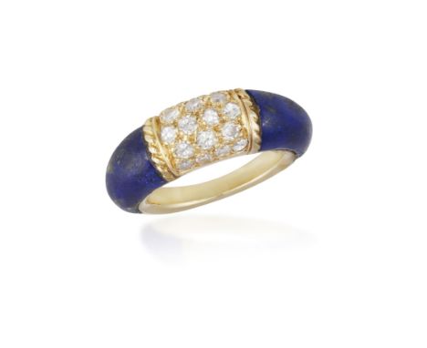 A LAPIS LAZULI AND DIAMOND 'PHILIPPINES' DRESS RING, BY VAN CLEEF & ARPELS, CIRCA 1970Of bombé design, the panel of single-cu