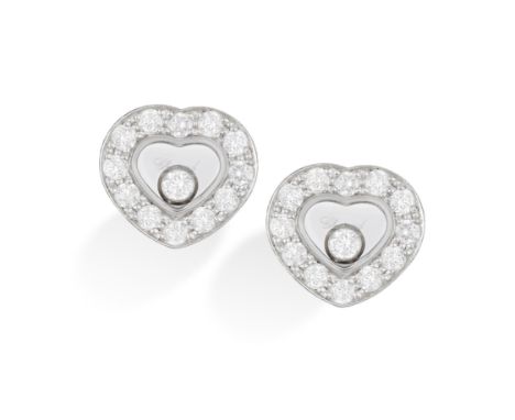 A PAIR OF 'HAPPY DIAMOND' DIAMOND EARRINGS, BY CHOPARDEach heart-shaped glazed compartment containing a collet-set floating d