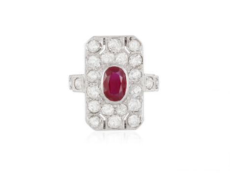 A RUBY AND DIAMOND RINGThe central oval-shaped ruby weighing approximately 1.26cts within collet-setting, to a surround of ol
