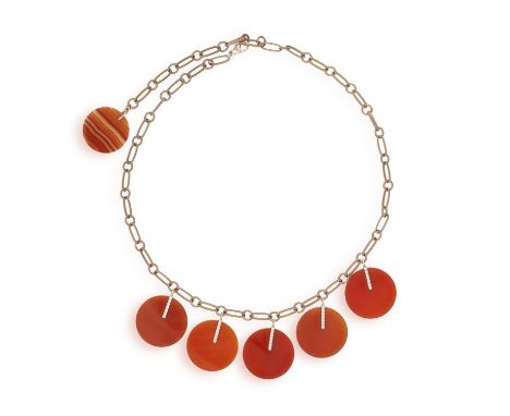 A CORNELIAN, DIAMOND AND TITANIUM NECKLACE, BY MARGHERITA BURGENERComposed of a fancy-link titanium chain, the frontispiece s