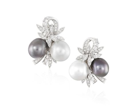 A PAIR OF CULTURED PEARL AND DIAMOND EARCLIPS, CIRCA 1960Of foliate design, each set with a cultured pearl of dark grey tint 