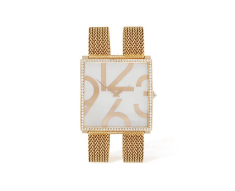 AN 18K GOLD AND DIAMOND-SET 'TIME SQUARE' WRISTWATCH BY GUY ELLIAThe 9-jewel Cal 820 quartz movement, square mother-of-pearl 
