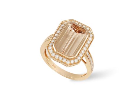 A MORGANITE AND DIAMOND DRESS RINGThe cut-cornered rectangular-cut morganite weighing approximately 4.50cts within collet-set