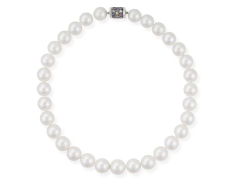  A CULTURED PEARL NECKLACE WITH GEM-SET CLASPComposed of a row of graduated South Sea cultured pearls of white tint measuring