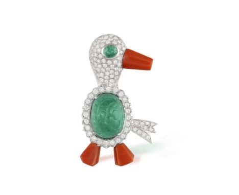 AN EMERALD, DIAMOND AND CORAL NOVELTY BROOCH, BY PEDERZANIModelled as a stylized duck, the oval carved cabochon emerald body 