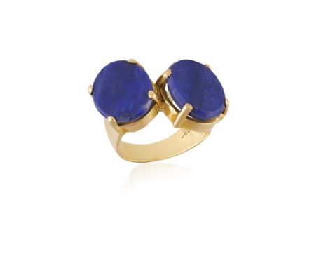 A LAPIS LAZULI RINGOf crossover design, set with two polished lapis lazuli plaques, mounted in 18K gold, signed Shirikjian, r