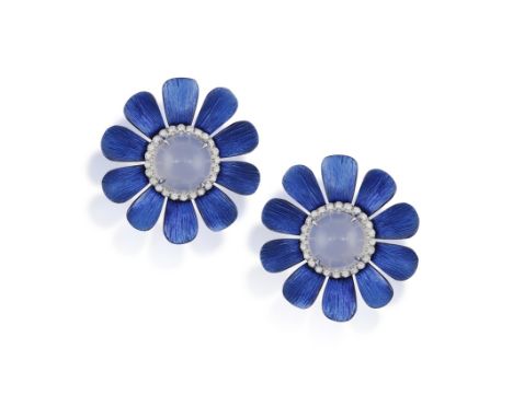 A PAIR OF CHALCEDONY, DIAMOND AND TITANIUM EARRINGS, BY MARGHERITA BURGENEREach designed as a stylised flowerhead centring a 