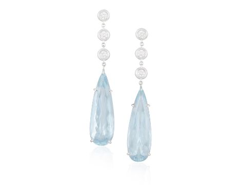 A PAIR OF AQUAMARINE AND DIAMOND PENDENT EARRINGS, BY MARGHERITA BURGENEREach trio of brilliant-cut diamond surmount within c