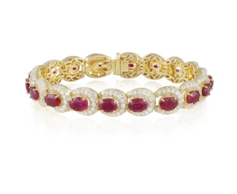 A RUBY AND DIAMOND BRACELETComposed of a continuous line of oval-shaped rubies within bombé surround pavé-set with brilliant-