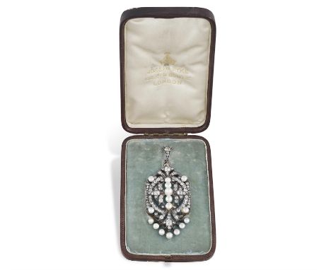 A LATE 19TH CENTURY PEARL AND DIAMOND PENDANT, CIRCA 1880Set to the centre with a line of five pearls of white tint, within a