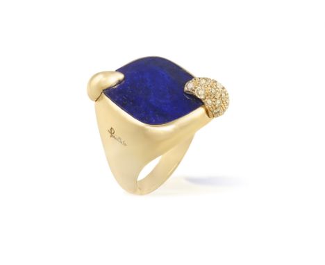 A LAPIS LAZULI AND COLOURED DIAMOND 'RITRATTO' COCKTAIL RING, BY POMELLATOThe large lapis lazuli plaque within collet setting