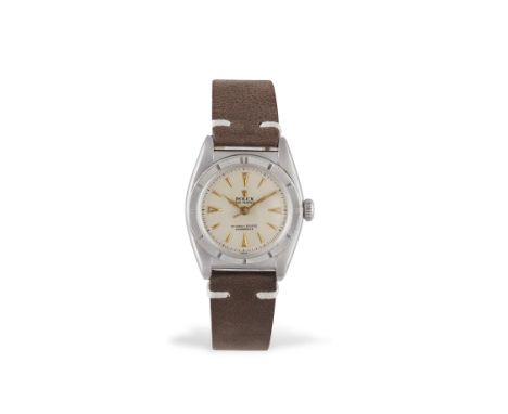 A MID-SIZE STAINLESS STEEL AUTOMATIC BUBBLE BACK WRISTWATCH, BY ROLEX, CIRCA 1945The 17-jewel Cal 9¾ automatic super balance 