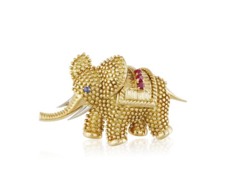 A GEM-SET NOVELTY BROOCH, BY LACLOCHE FRERES, CIRCA 1960Designed as a stylised elephant with beading detailing throughout, th