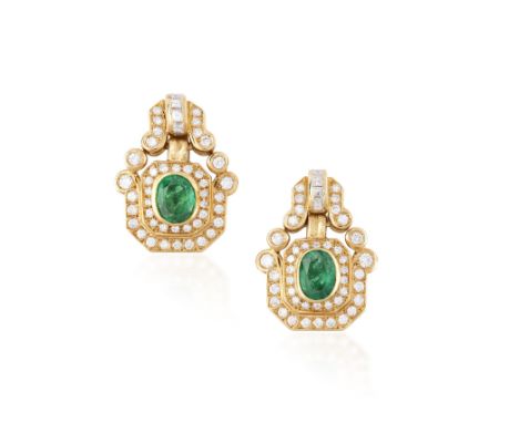 A PAIR OF EMERALD AND DIAMOND EARCLIPSEach centrally set with an oval-shaped emerald, within an octagonal frame of round bril