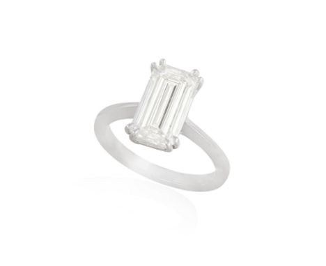 A DIAMOND SINGLE-STONE RINGThe cut-cornered rectangular-cut diamonds weighing 3.51cts with a double four-claw setting, to a p