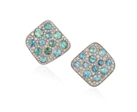 A FINE PAIR OF DIAMOND, TOURMALINE AND TITANIUM EARRINGS, BY MARGHERITA BURGENEREach slightly bombé titanium plaque set with 