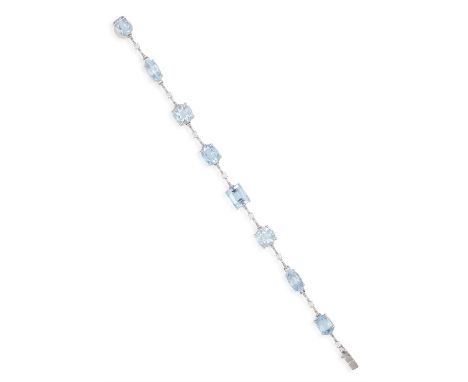 AN AQUAMARINE AND DIAMOND BRACELETComposed of a rectangular-cut aquamarine between oval, circular and marquise-shaped aquamar